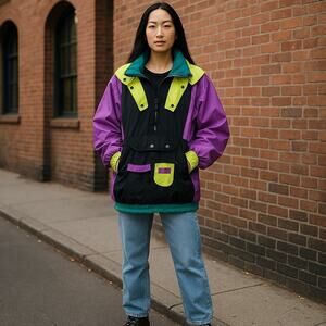 Vintage Ski Tique Long Colorblock Neon Nylon Jacket Dress, XL, 90s Retro